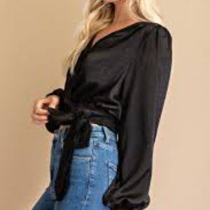 Favlux fashion black satin wrap peplum top szM